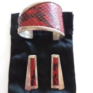 Vintage 80's Sterling Silver Snakeskin Cuff & Earring Set